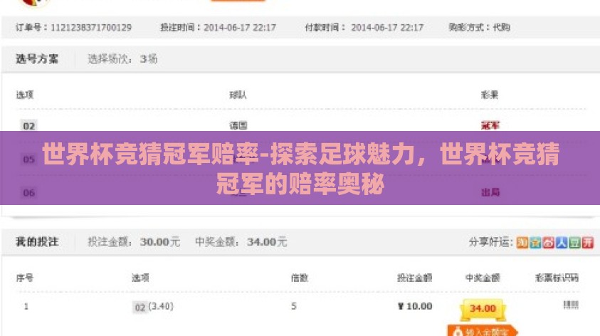 世界杯竞猜冠军赔率-探索足球魅力,世界杯竞猜冠军的赔率奥秘 世界杯竞猜冠军赔率-探索足球魅力,世界杯竞猜冠军的赔率奥秘